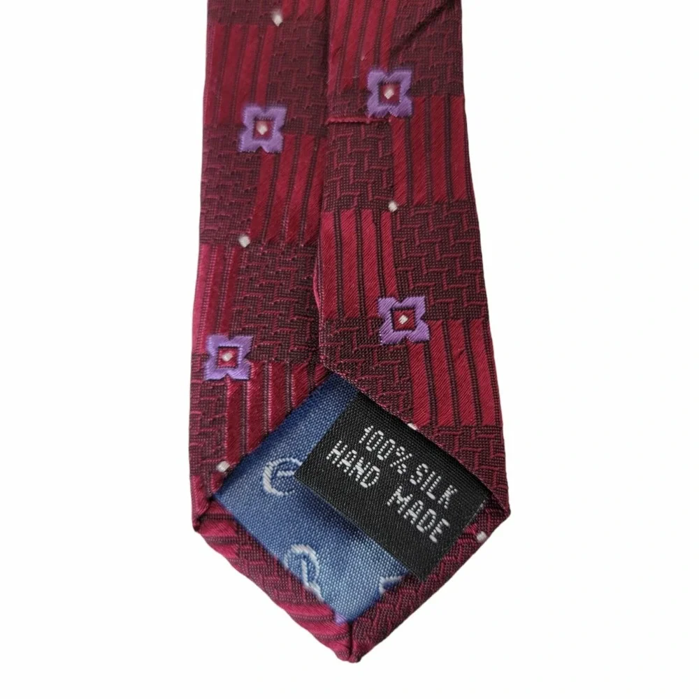 BELISI Gingham Floral Burgundy Silk Power‎ Tie Handmade Wide Patterned Jacquard